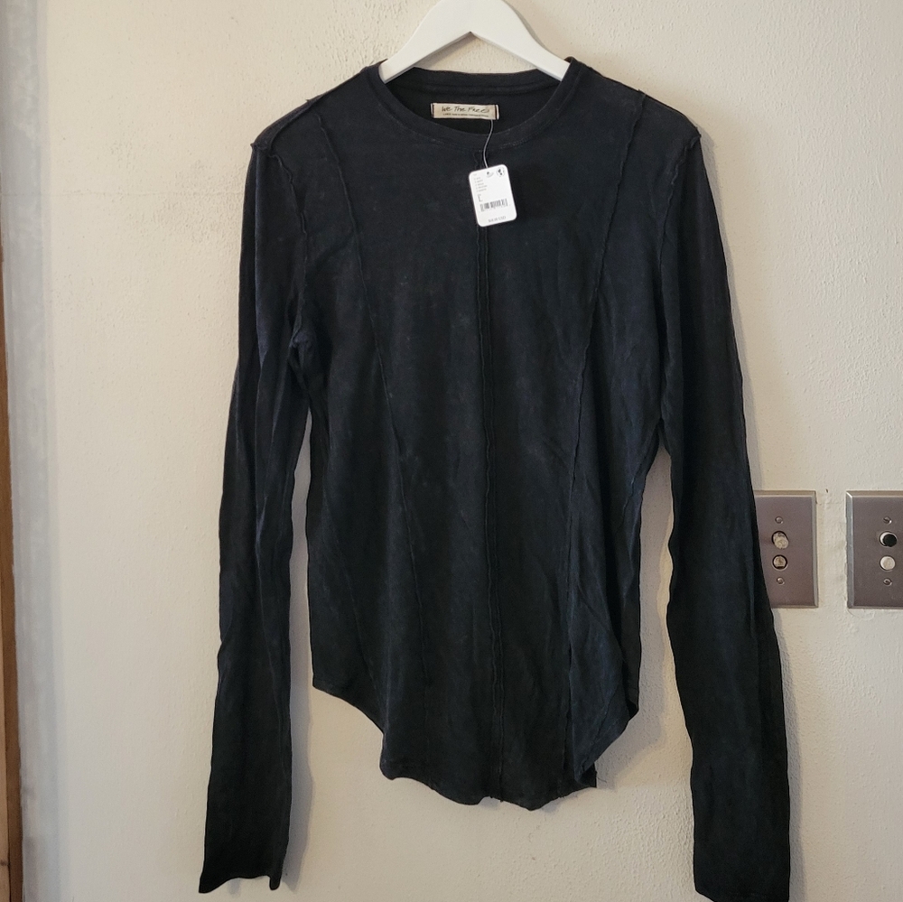 Free People Raw Edge Hem Long Sleeve Tee - washed black